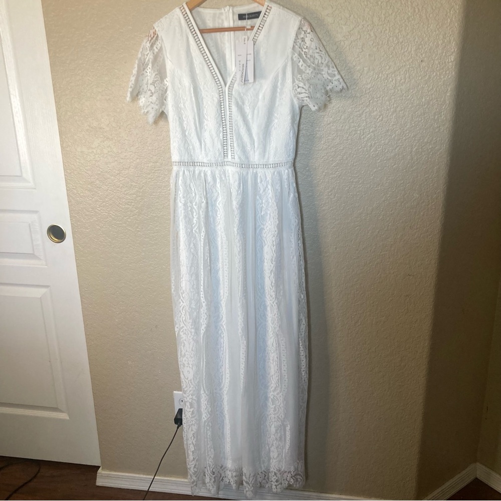 Women’s Medium Boho Maxi White Lined Lace Dress Sleeve Wedding Engagement Floral